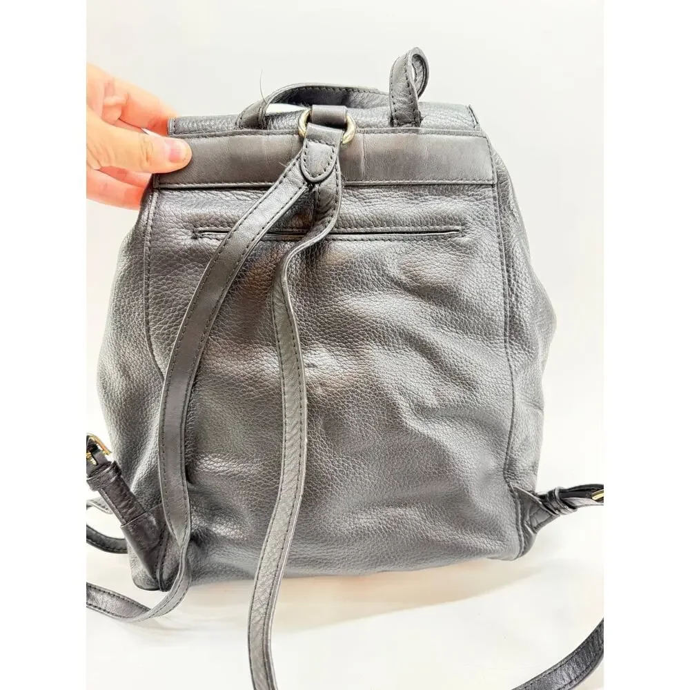 Michael Kors Black Pebbled Leather Backpack Drawstring Flap Pocket Bag Women